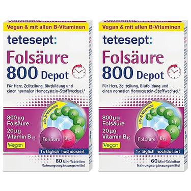 tetesept Folsäure 800 Depot – Nahrungsergänzungsmittel mit Depot-Technologie - inklusive aller B-Vitamine für eine Rundumversorgung - Vegan – 1 x 60 Minitabletten (Packung mit 2) im Sale